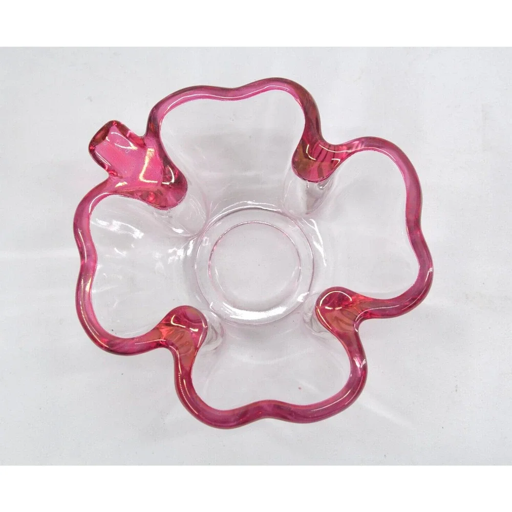 Vintage Glass Bowl Four Leaf Clover Shamrock Candy Dish Pink